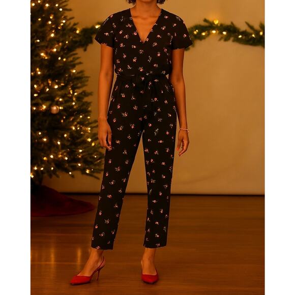Vince Camuto Jumpsuit Size 10 Black Floral Belted Holiday Hostess Flutter Sleeve - Picture 1 of 12
